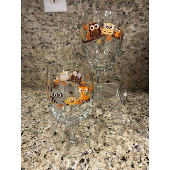 Vintage Libbey Hoot Owl And Friends Glass Goblet From 1980s 7.25'' Set Of 2 - Picture 2 of 3